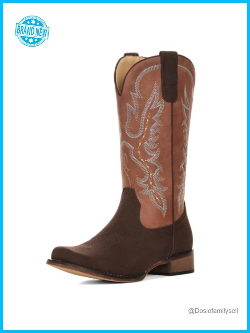Square Toe Mid Calf Cowboy Boots Faux Suede Chunky Heel Pull-On